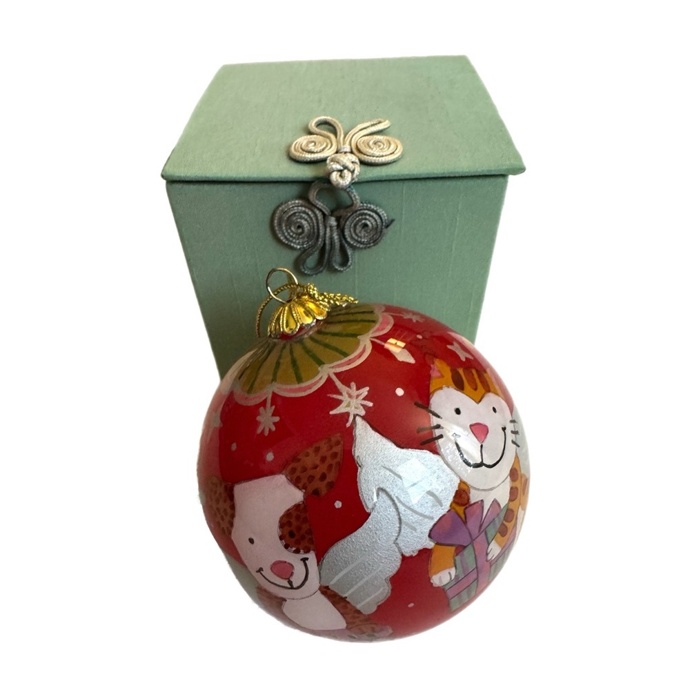 Li Bien Pier 1 Glass Reverse Painted 2010 Angel Wings Dog Cat Christmas Ornament
